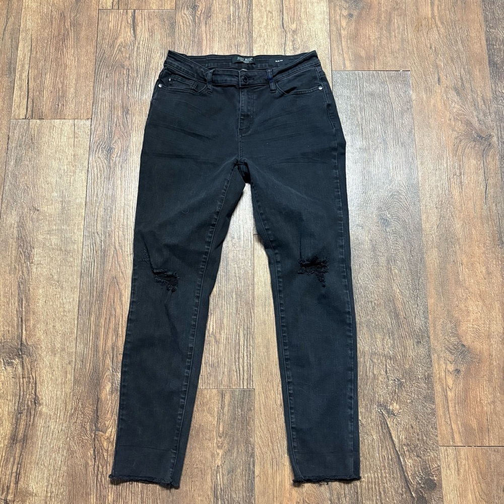 Judy blue slim fit distressed black jeans raw hem - Picture 2 of 5